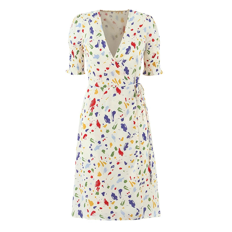 Colorful Paint V Neck  French Wrap Dress