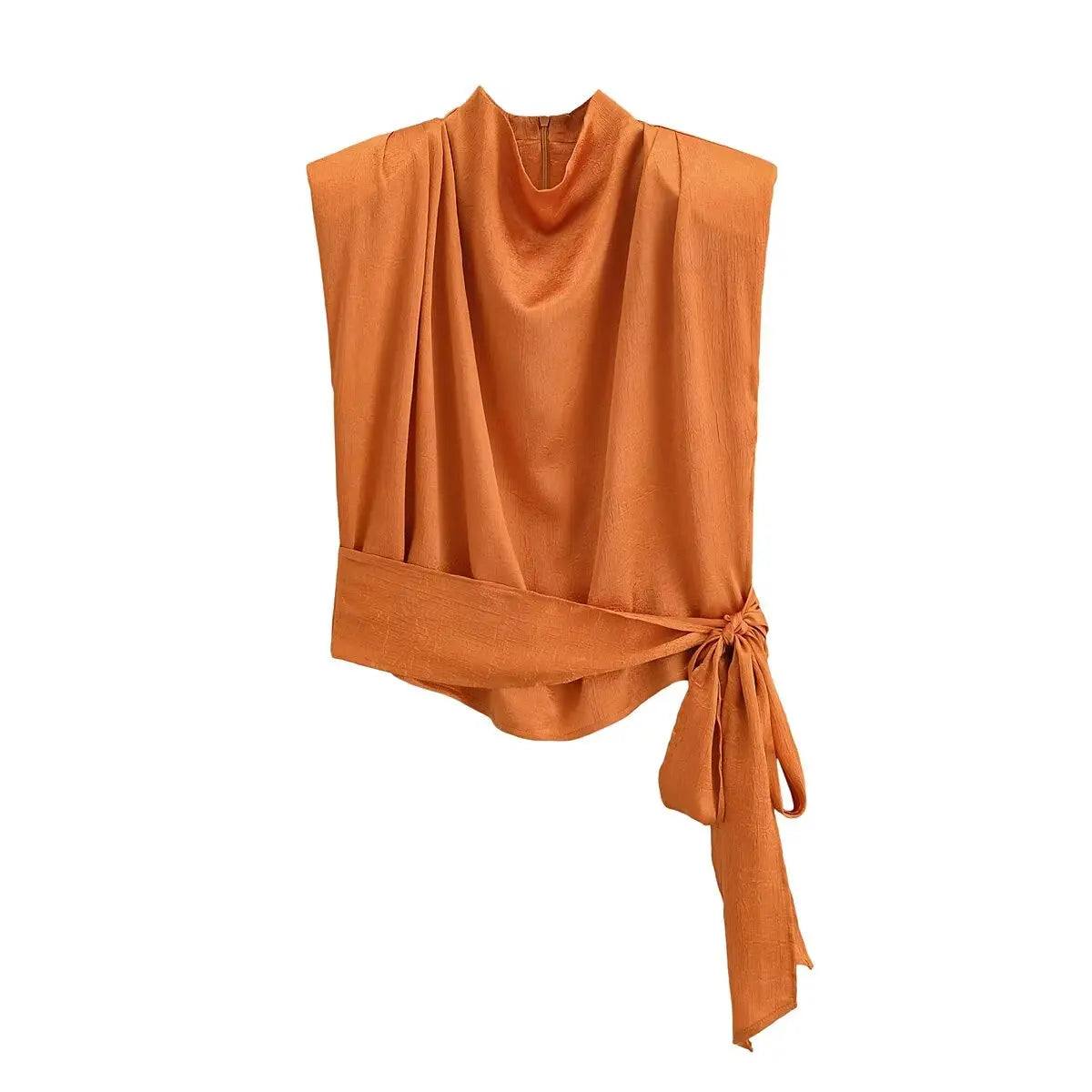 High Neck Sleeveless Satin Orange Blouse