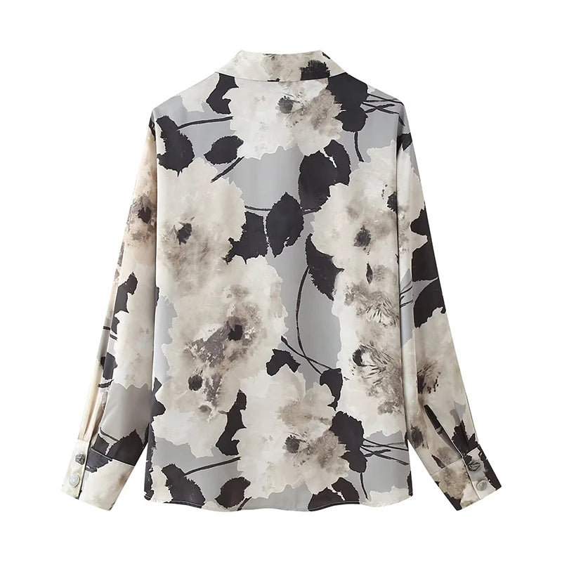 Women Vintage Flora Print Satin Shirt
