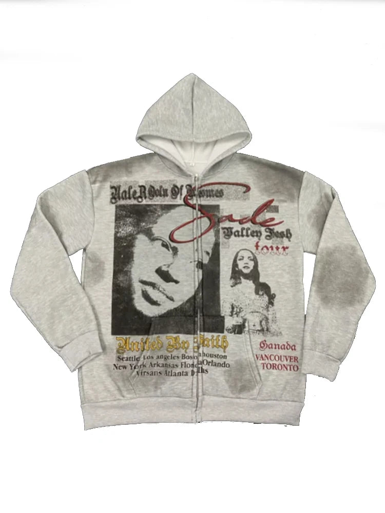Soft Grunge Face Print Zip Up Hoodie