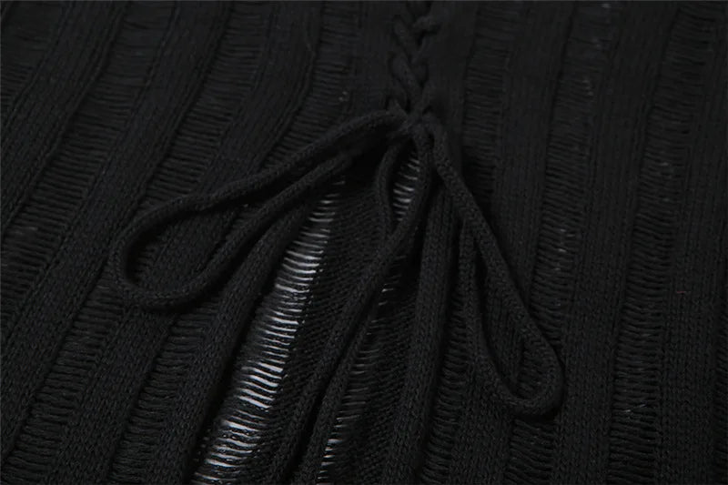 Y2K Black Grunge Sheer Lace Up Knitted Top