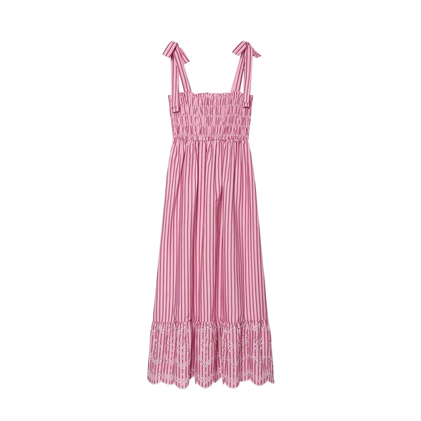 Pink Striped Midi Dress Tie Shoulder Straps