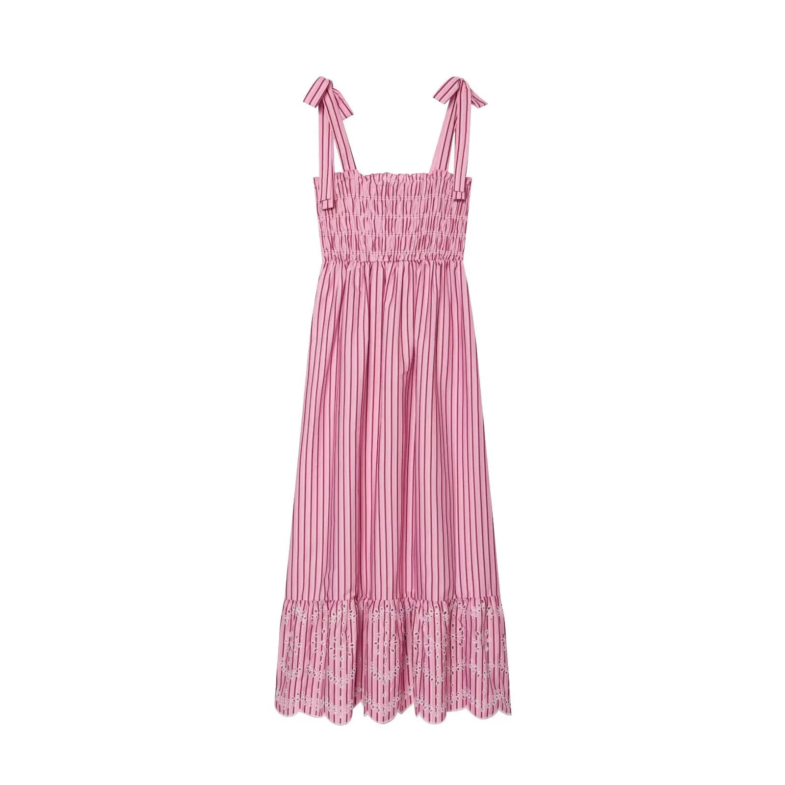 Pink Striped Midi Dress Tie Shoulder Straps