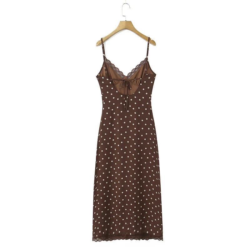 Brown & Black Backless Sling Polka Dot Long Dress
