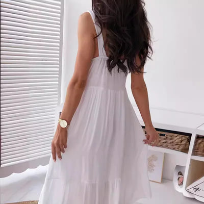 V Neck Backless Strap White Boho Midi Dress