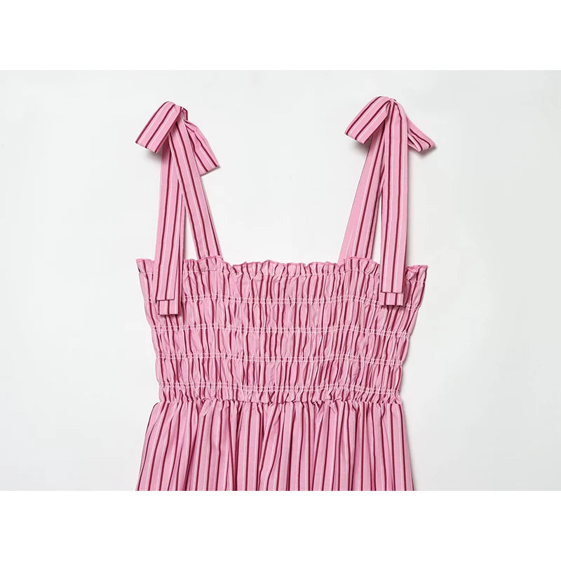 Pink Striped Midi Dress Tie Shoulder Straps