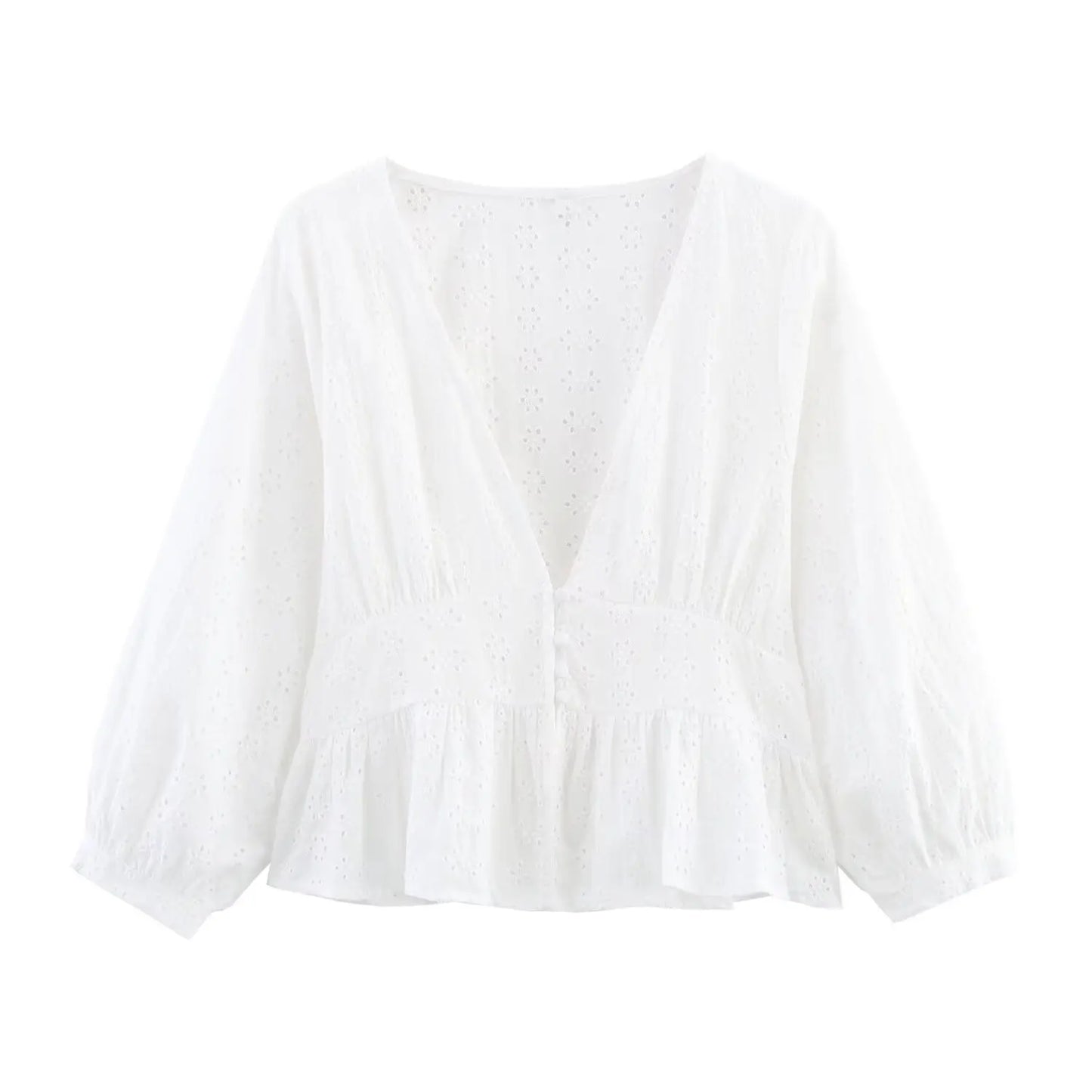Openwork Embroidery Casual White Blouse