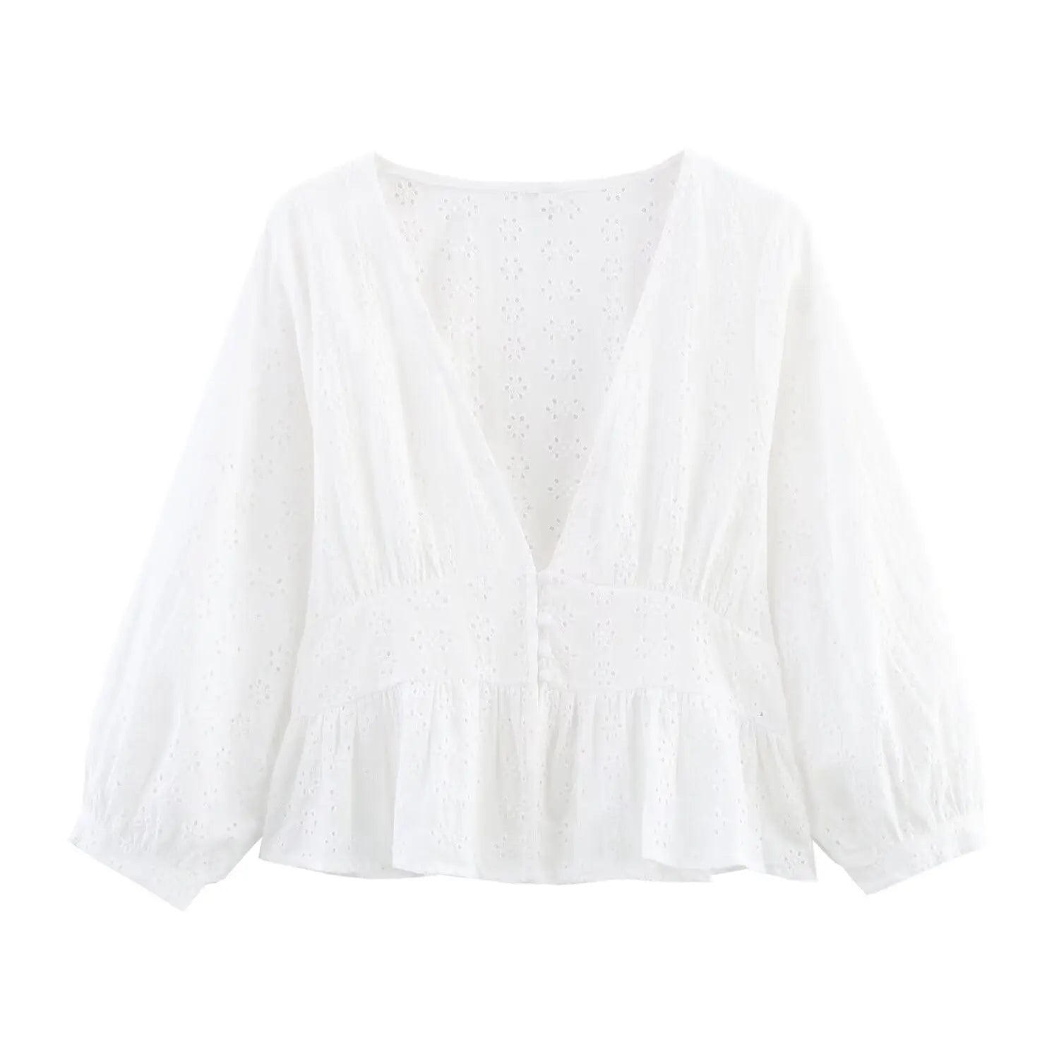 Openwork Embroidery Casual White Blouse
