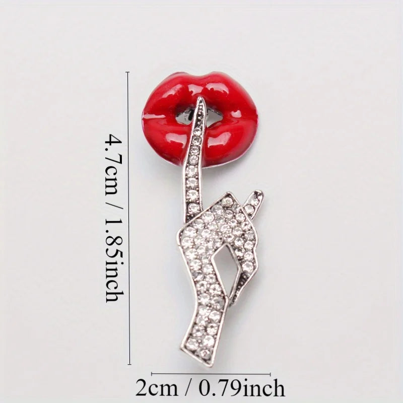 Novel Red Lips with Rhinestones Brooch