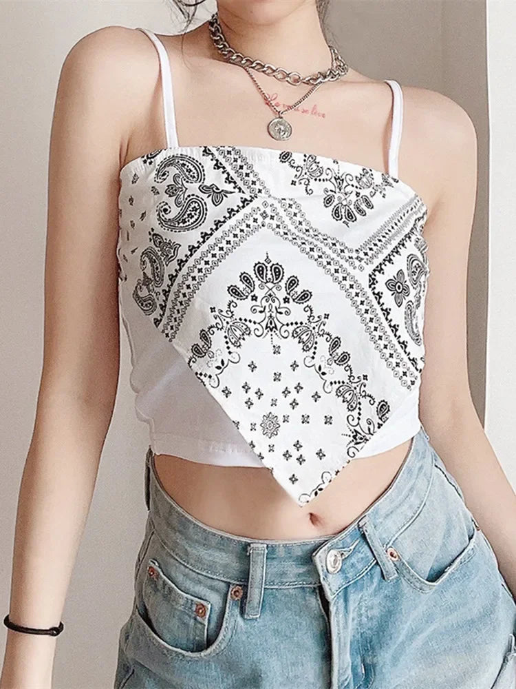 Patchwork Printing Halter Crop Top