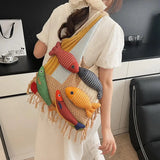 Bolso de playa de punto Boho hecho a mano con muñeca de pez bonito