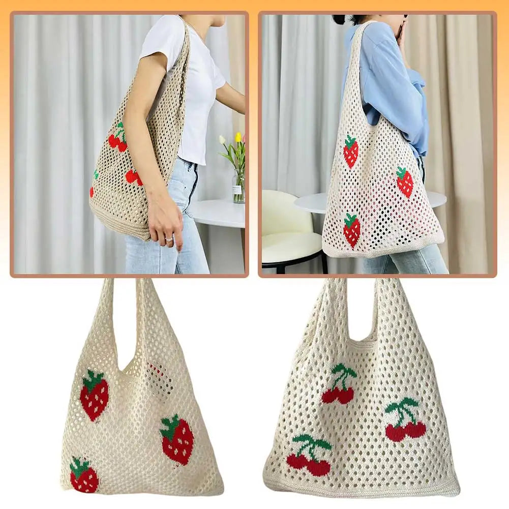 Vintage Strawberry Cherry Pattern Crochet Tote Bag