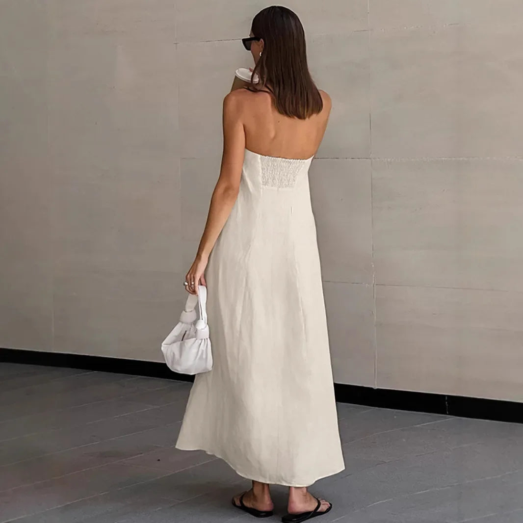 Maxivestido de lino sin tirantes y con cuello halter