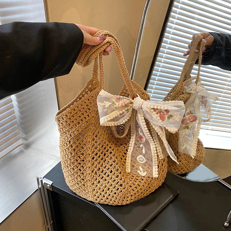 Summer Beach Tote Bag Solid Color Crochet