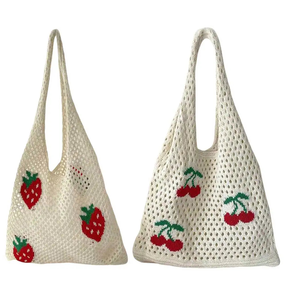 Vintage Strawberry Cherry Pattern Crochet Tote Bag