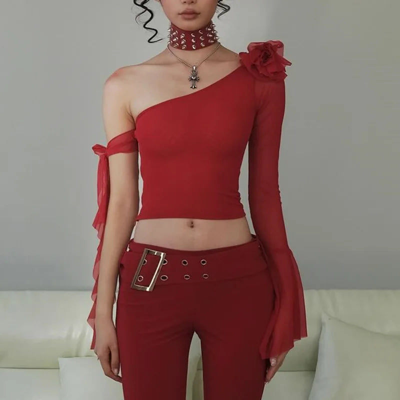 Baddie Rose Asymmetrical Off Shoulder Top