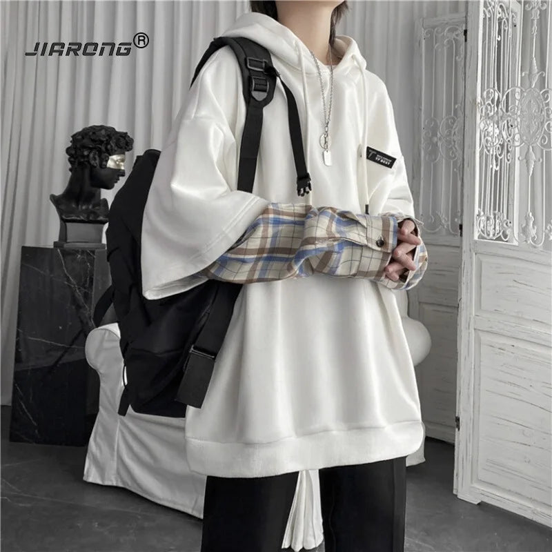 Y2K Layered Plaid Sleeve Hoodie