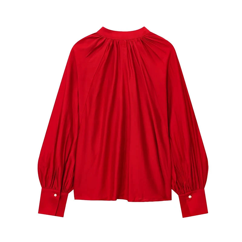 Black Red V Neck Lantern Sleeve Vintage Blouse