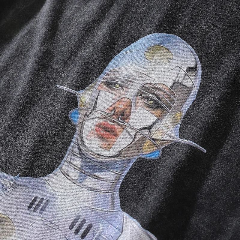 Vintage Robot Graphic Black Oversized T-Shirt