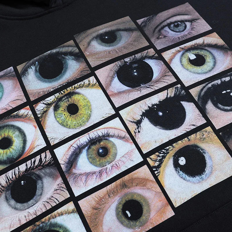 Vintage Eyes Print Black Washed Hoodie