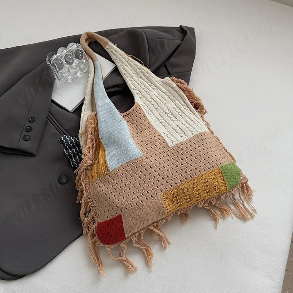 Bolso de playa de punto Boho hecho a mano con muñeca de pez bonito