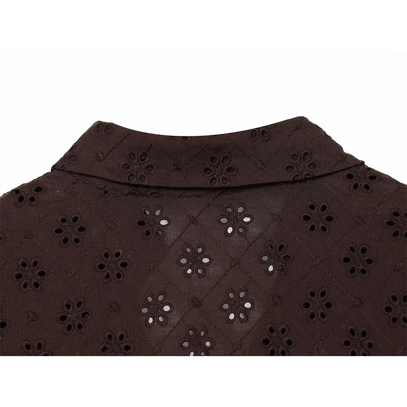 Women Brown Openwork Embroidery Shirt