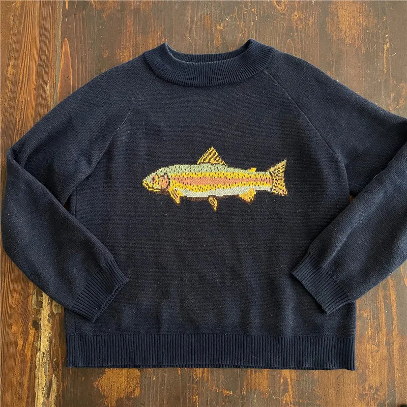 Y2K Damen Pullover mit Fisch-Print