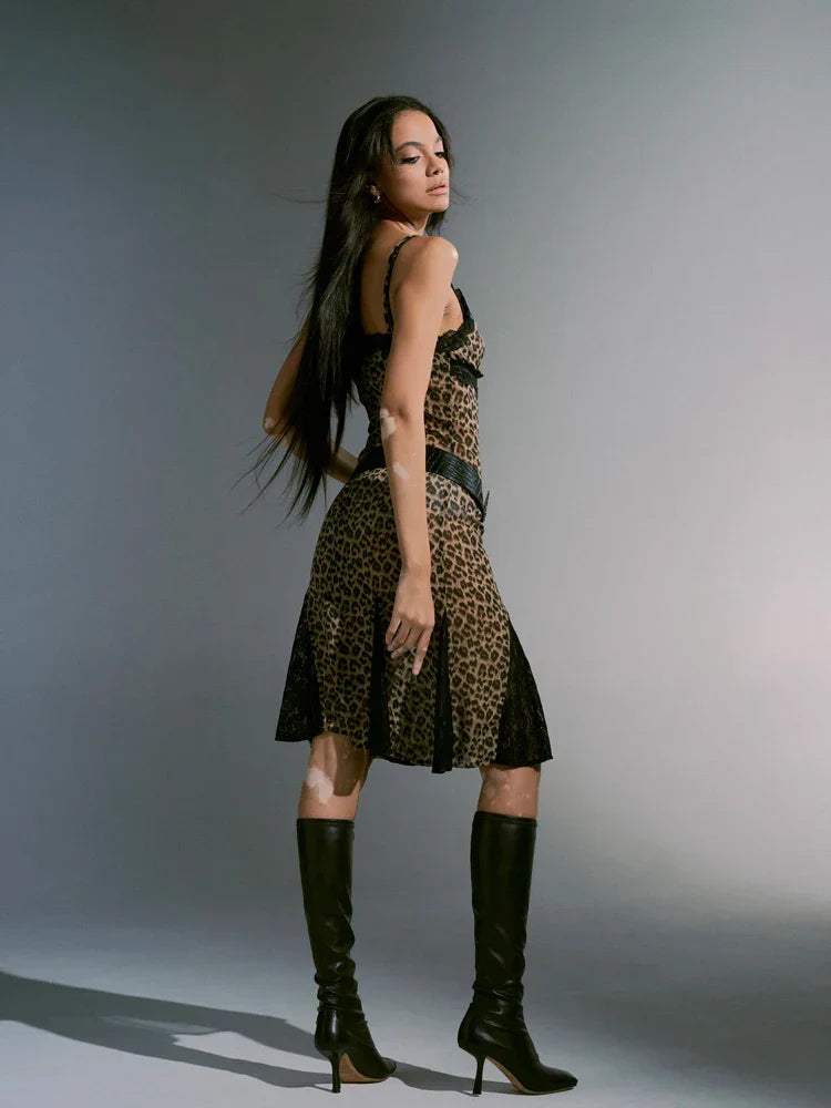 Leopard Print Grunge Spaghetti Strap Midi Dress