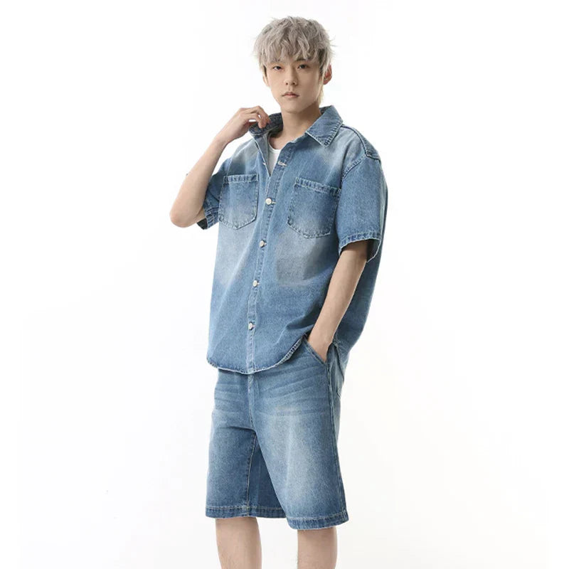 American Style Lapel Denim Short and Shirt