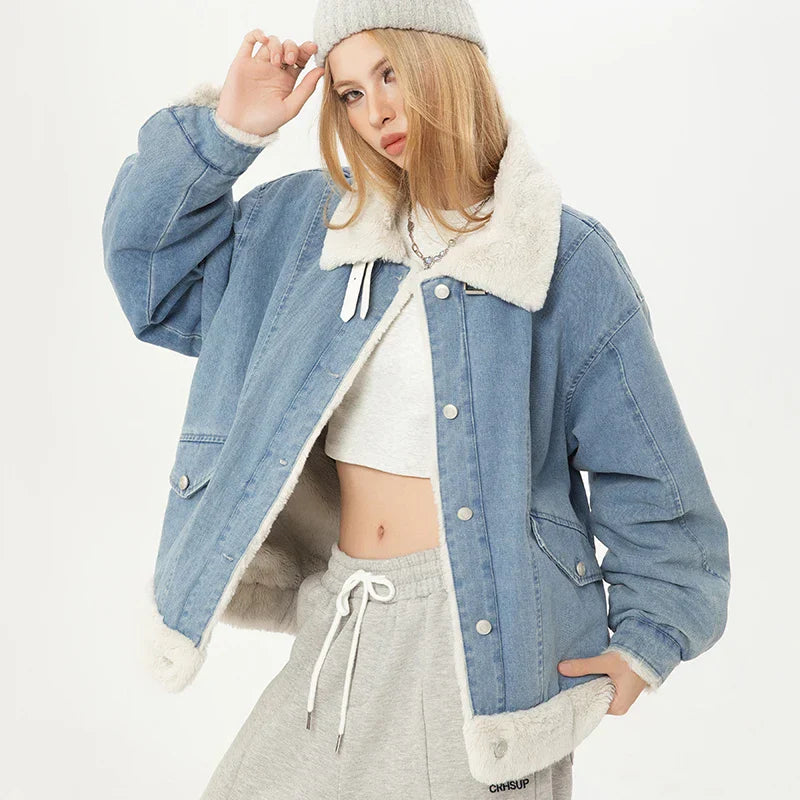 Blue Plush Lady Short Furr Denim Jacket