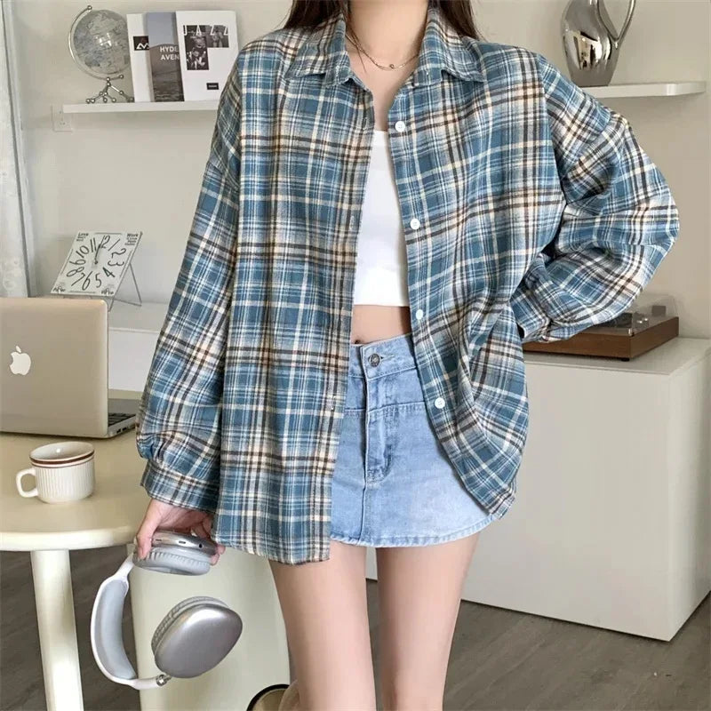 Oversized-Tartan-Jacken-T-Shirt mit Kragen