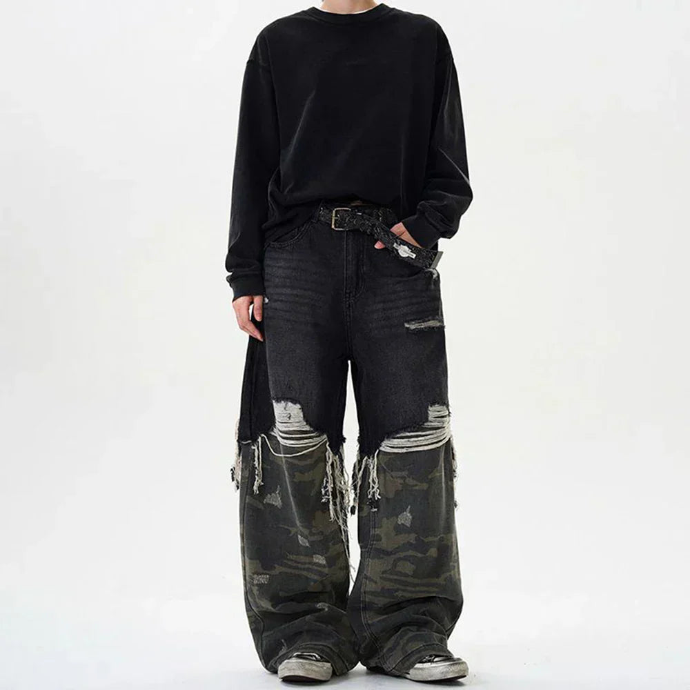 Y2K Camouflage Stitched Ripped Jeans