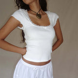 Casual Lace Trim Knitted Square T-Shirt