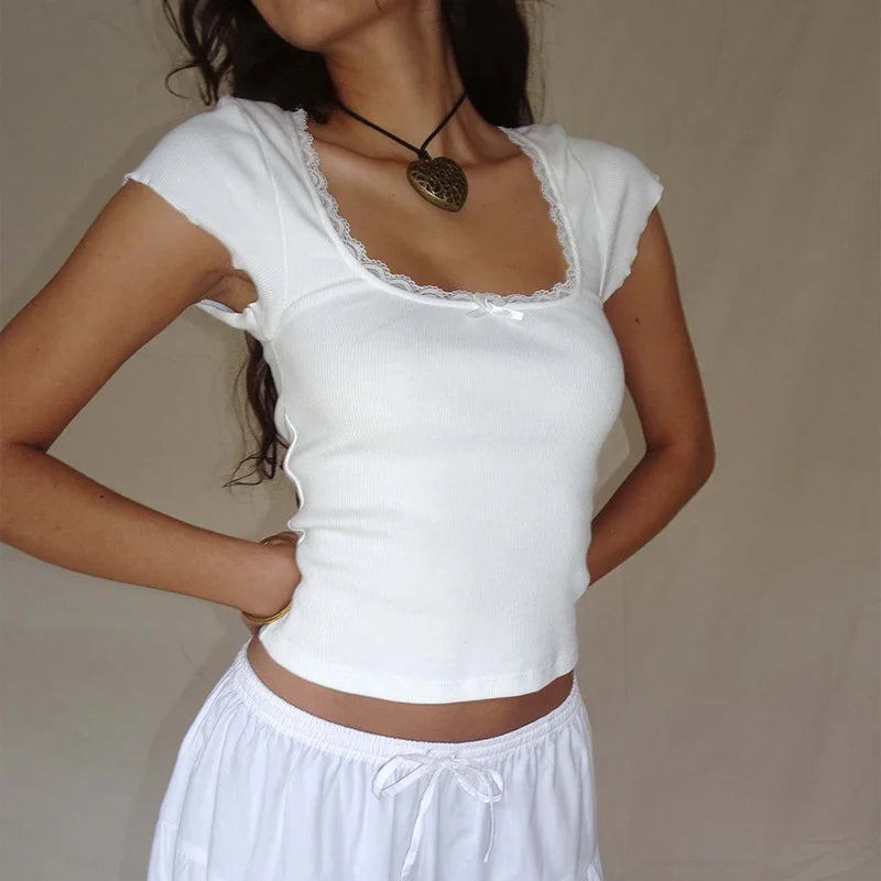 Casual Lace Trim Knitted Square T-Shirt