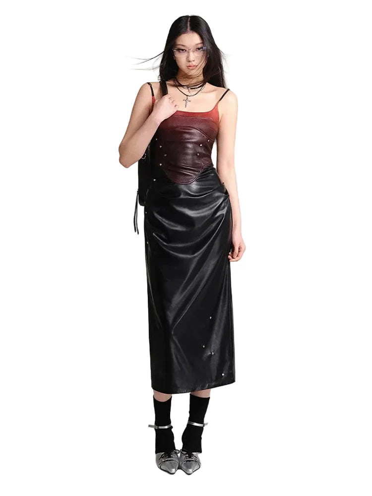Cyberpunk Faux Leather Gradient Midi Dress