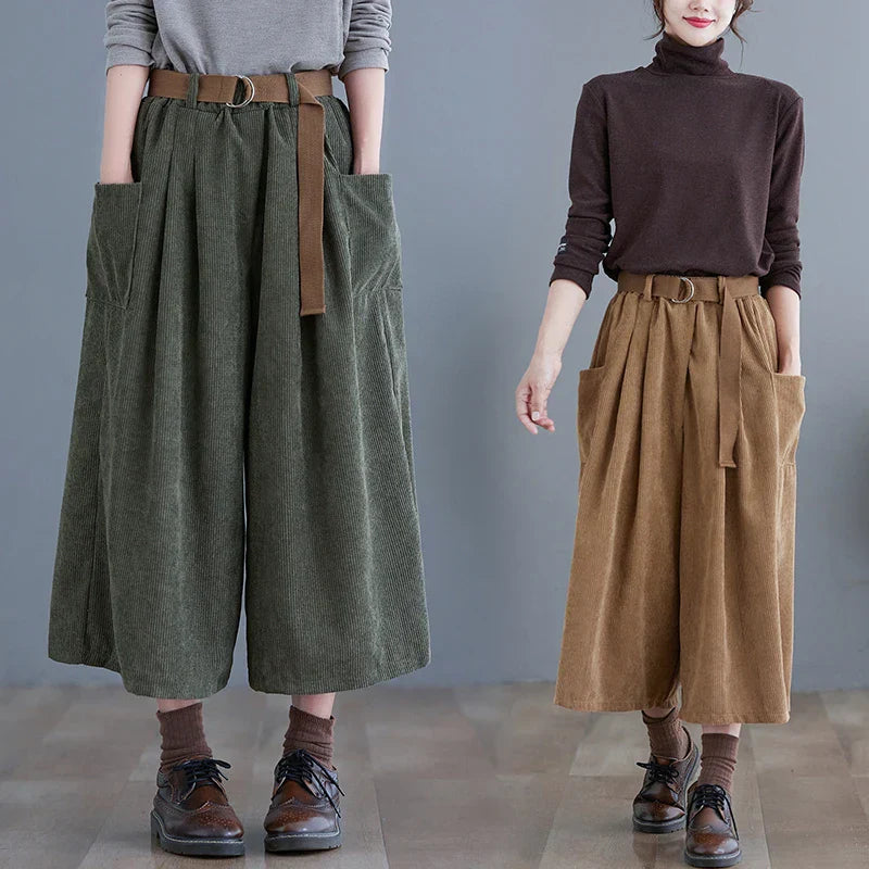 Pantalones Anchos a Media Pierna de Pana Estilo Coreano