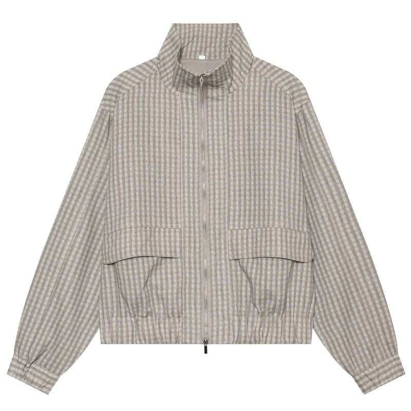 Plaid Zip-up High Collar Windbreaker Jacket