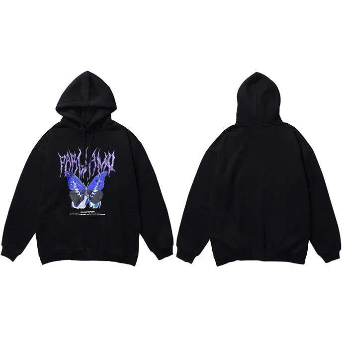 Sudadera con Capucha Oversize con Mariposa Negra Lavada