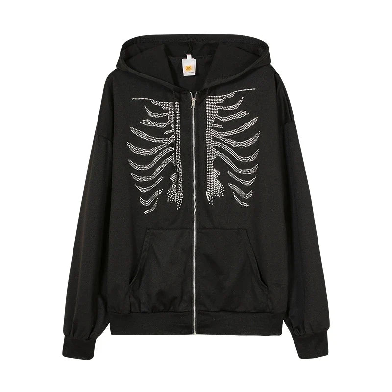 Rhinestone Gothic Skeleton Zip-Up Hoodie