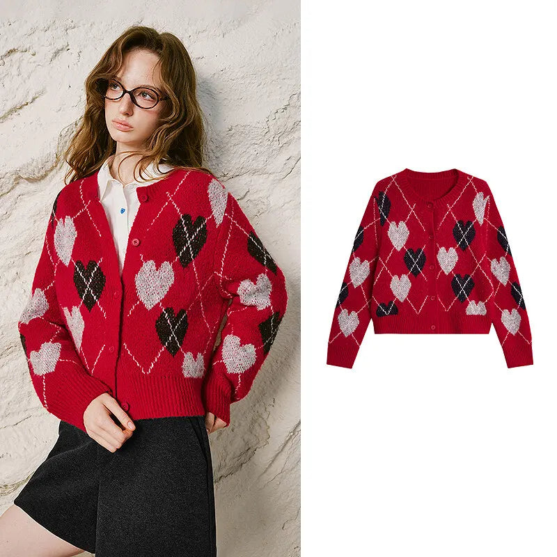 Retro Jacquard Heart Knit Cardigan