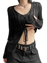 Y2K Black Grunge Sheer Lace Up Knitted Top