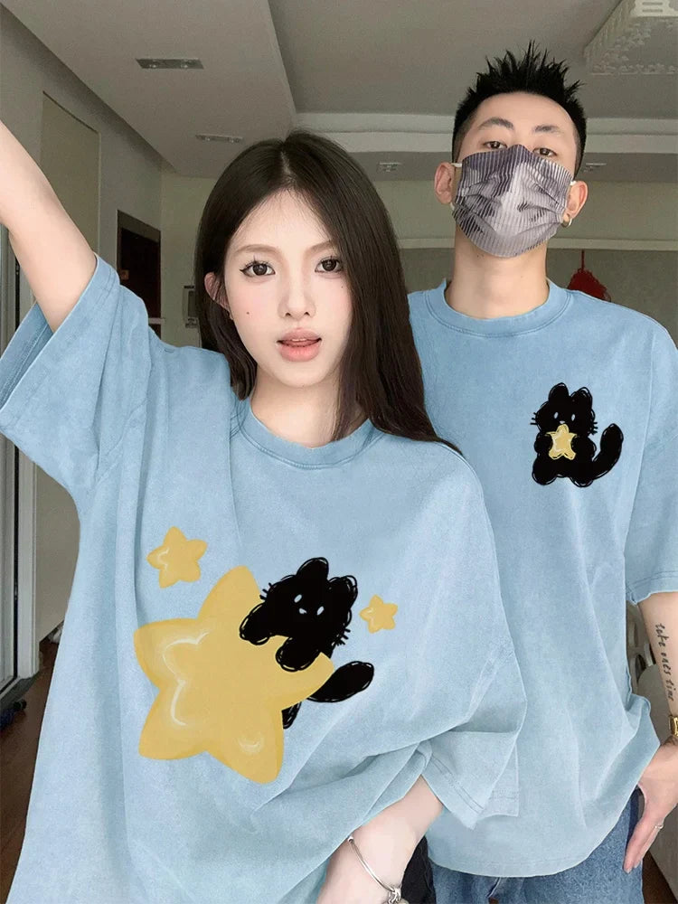 Gelbes Sternkatzen-Oversized-T-Shirt