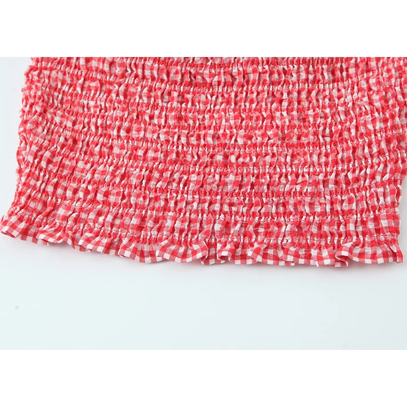 Ruffle Sexy Off Shoulder Red Plaid Blouse