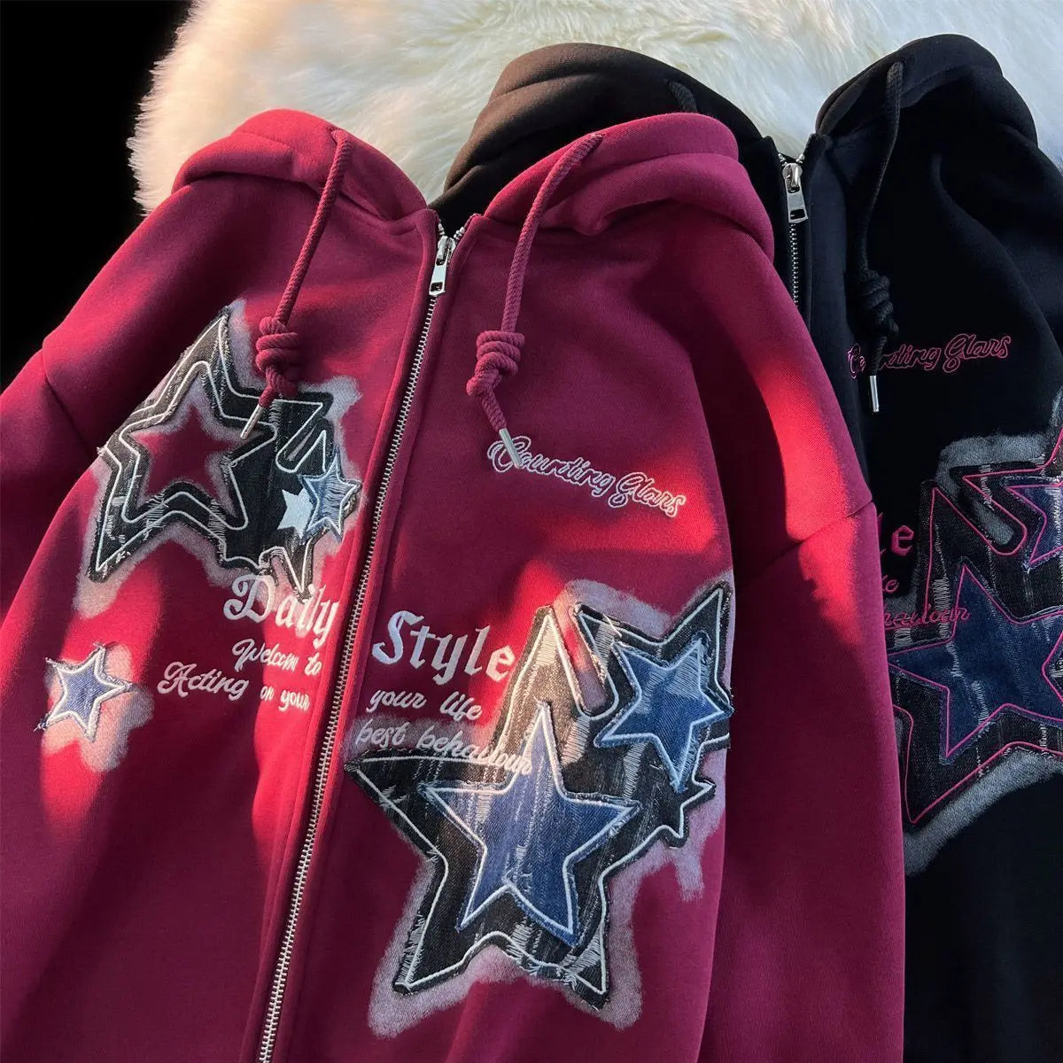 Star Print Y2K Zip Up Hoodie