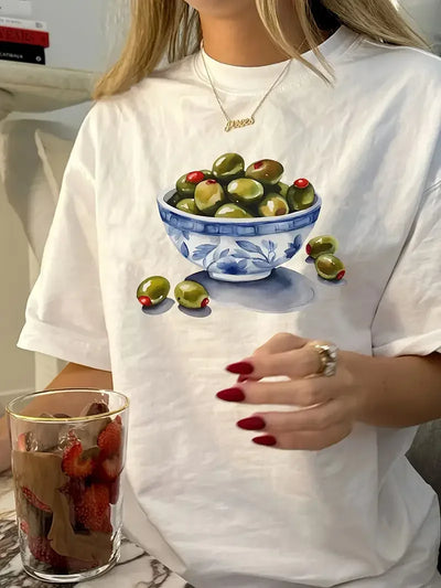 Camiseta de verano vintage con estampado geométrico de olivo