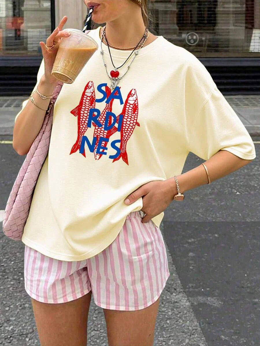 Colorful Cartoon Sardine Print Short T-Shirt