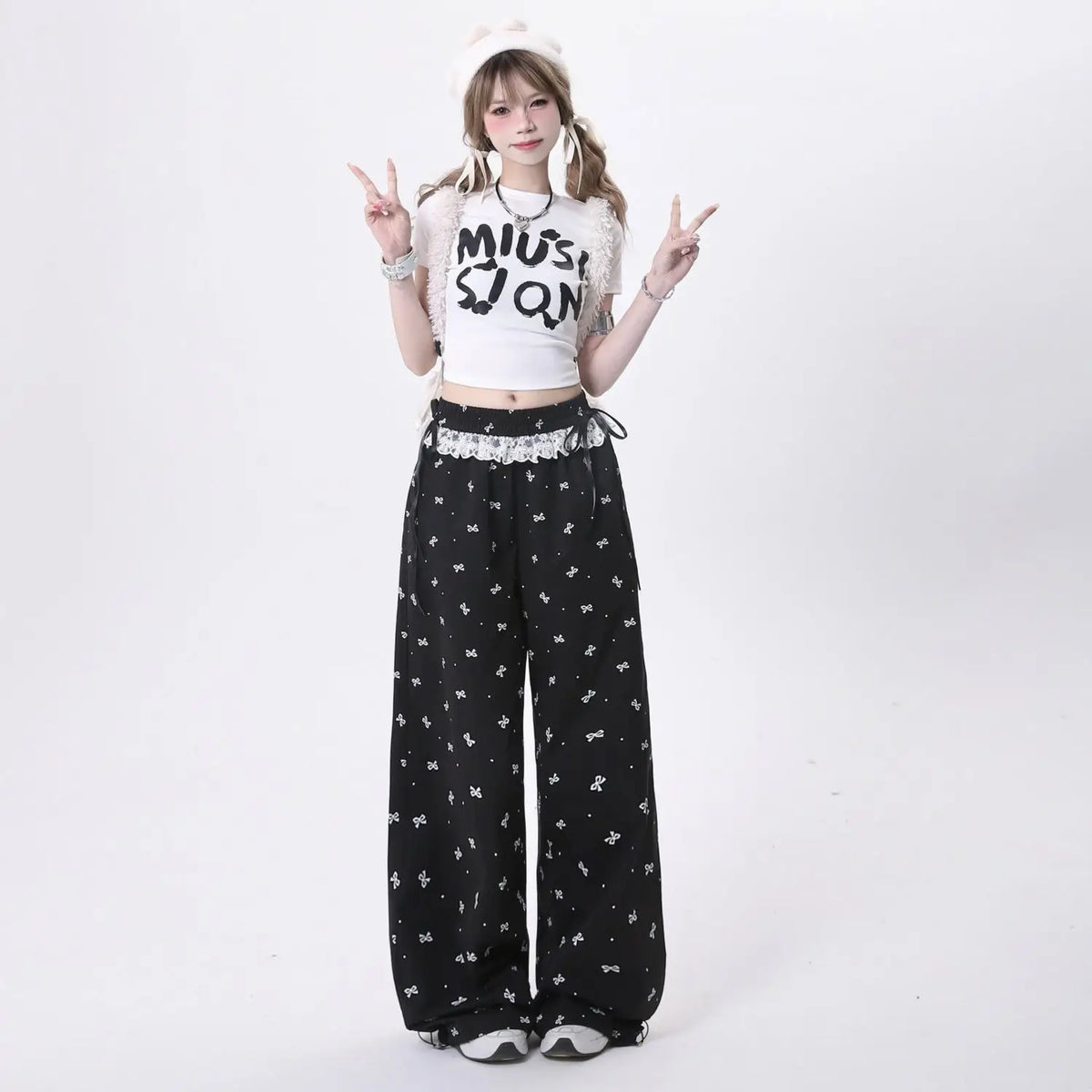 Coquette Bow Dotted Wide Leg Pants