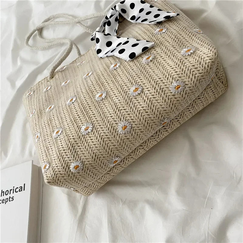 Bow-Tie Embroidery Daisy Shoulder Bag