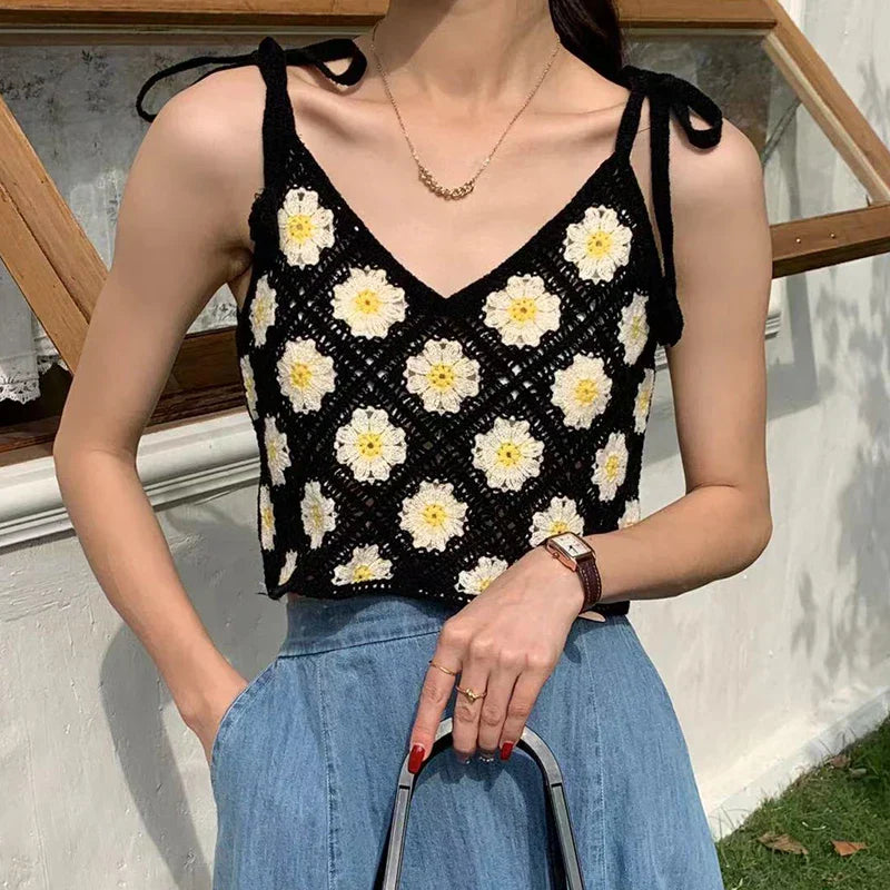 Vintage Floral Crochet Top with Tie Shoulder Strap