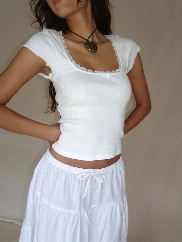 Casual Lace Trim Knitted Square T-Shirt